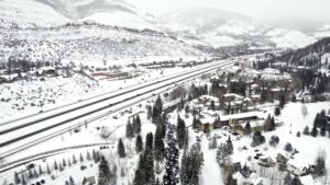 aeral view of vail colorado under heavy snow