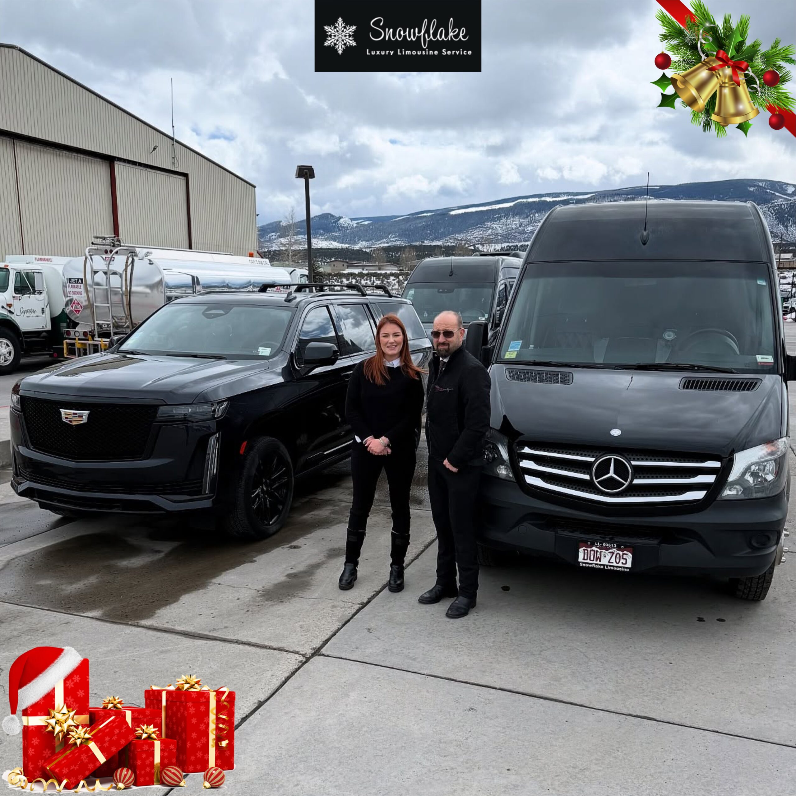 Luxury chauffeur team standing beside black Cadillac SUV and Mercedes Sprinter van