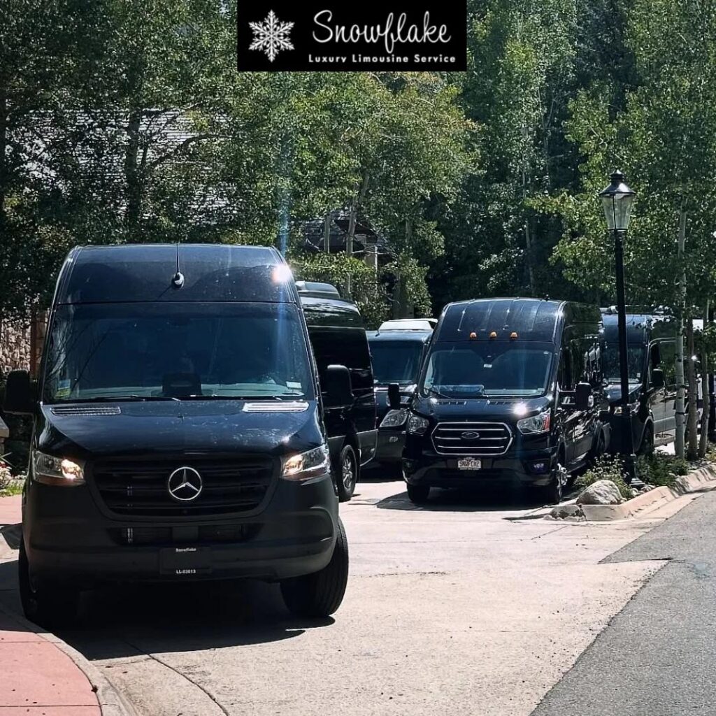 Several black luxury shuttle vans are parked along a tree-lined street in a mountain town. A black Mercedes-Benz Sprinter van is prominently positioned in the foreground, with additional executive-style passenger vans lined up behind it. Green trees, a sidewalk, and a decorative streetlamp frame the scene. A “Snowflake Luxury Limousine Service” logo banner appears at the top of the image, highlighting a fleet transportation service.