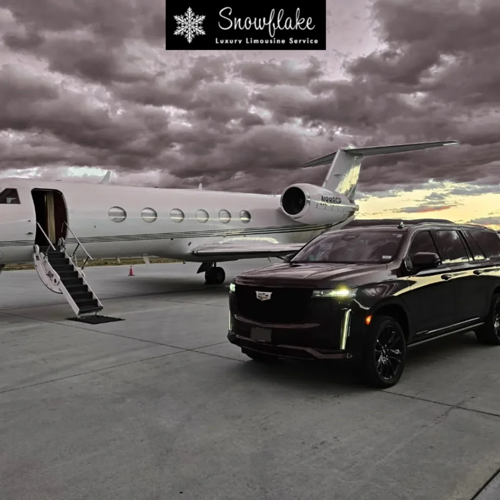 A black luxury SUV is parked on an airport tarmac beside a private jet with its boarding stairs lowered. Dark storm clouds fill the sky, creating a dramatic backdrop for the aircraft and vehicle. The scene conveys premium ground transportation and private aviation travel. A “Snowflake Luxury Limousine Service” logo banner appears at the top of the image.