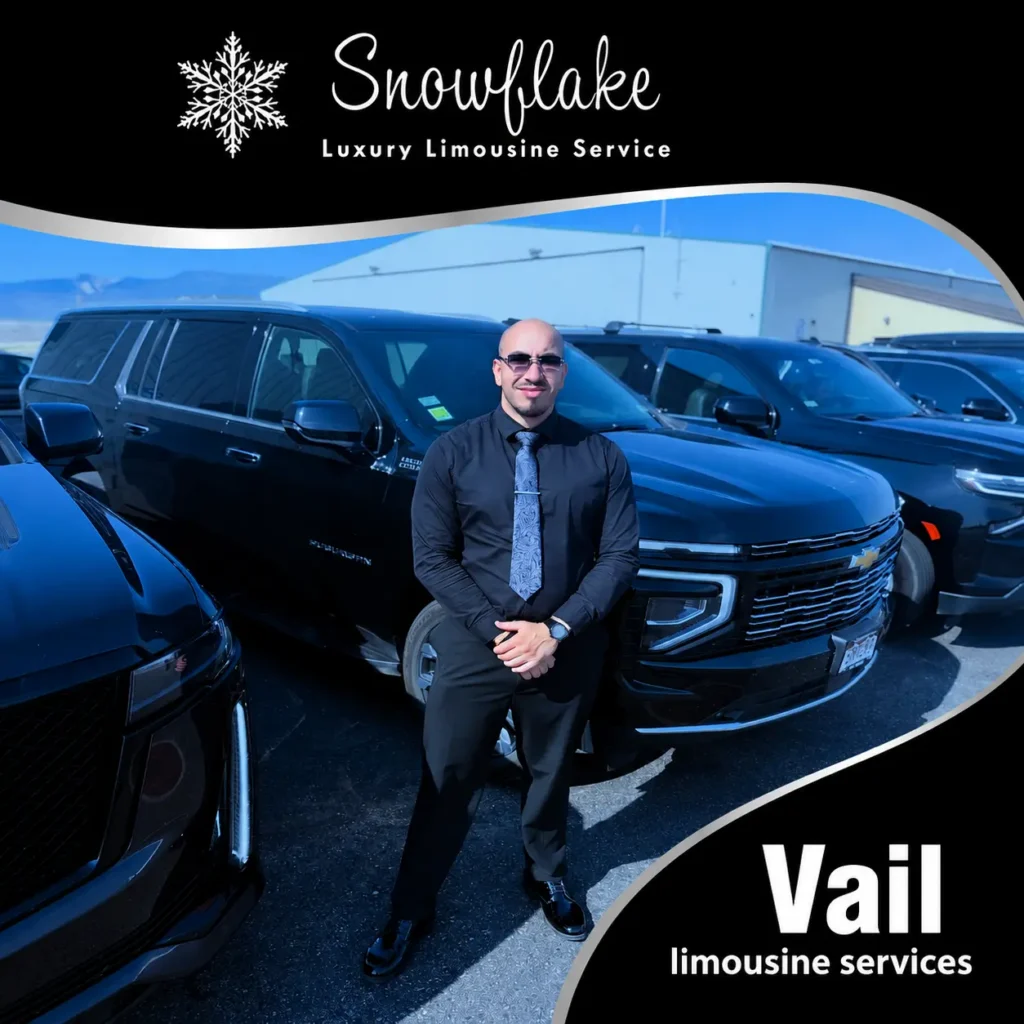 Chauffeur-driven Vail limousine services outside a Colorado mountain resort