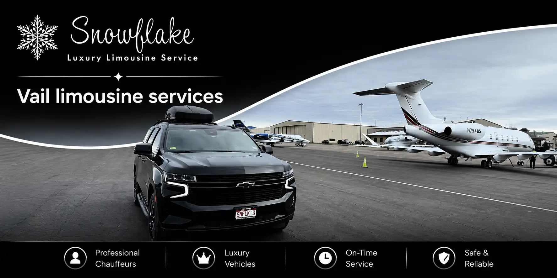 Luxury Vail limousine services vehicle providing airport transfer transportation.